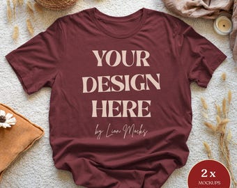 Bella Canvas 3001 Maroon Shirt Flatlay Boho Mockup, BC3001 Real T-shirt Photo Mockup (Digital Download)