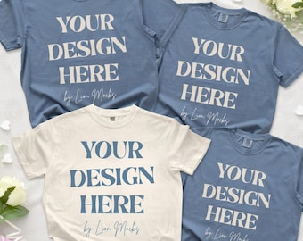 Comfort Colors 1717 Group Shirt Mockup, CC1717 Flatlay Wedding Ivory Blue Jean T-Shirt Mockup