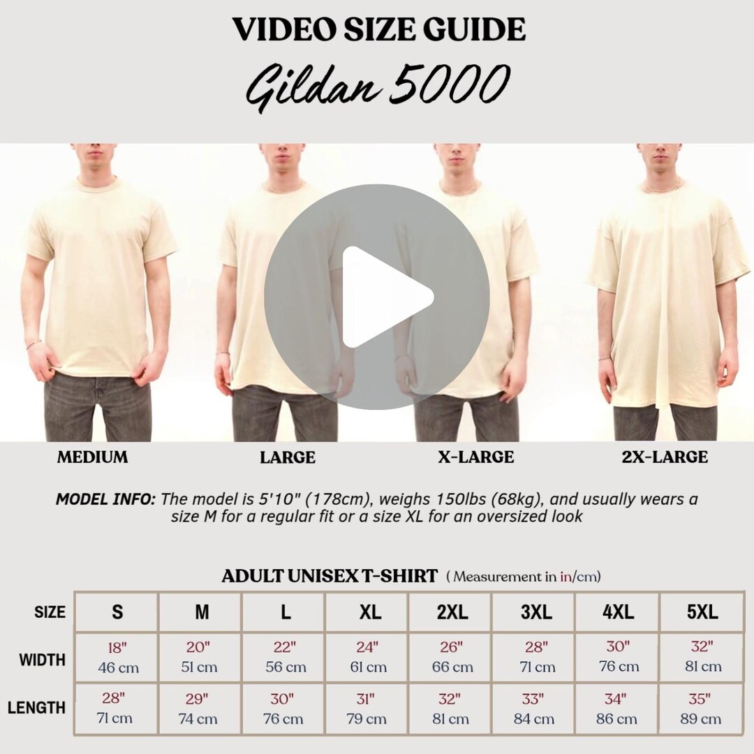 Gildan 5000 Video Size Guide Men Video Mockup and Inches Cm Size Chart ...