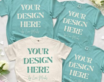 Comfort Colors 1717 Group Shirt Mockup, CC1717 Flatlay Wedding Ivory Seafoam T-Shirt Mockup
