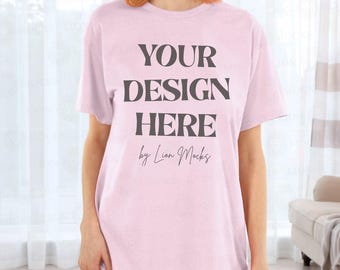 Gildan 64000 Light Pink Shirt Mockup, G64000 Home Lifestyle Setting Woman Mockup (Digital Download)