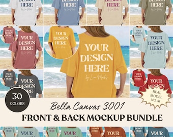 Bella Canvas 3001 strandmodelbundel, BC3001 strandmodellen voor- en achterkant voor print on demand, echt modelmodel