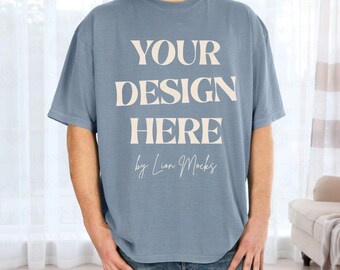 Comfort Colors 1717 Ice Blue Shirt Mockup, CC1717 Home Lifestyle Setting Man Mockup (Digital Download)