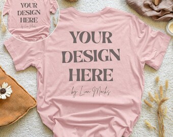 Bella Canvas 3001 Pink Front and Back Mockup, BC3001 Boho Style Flatlay, Real Shirt Photo Mockup (Digital Download)