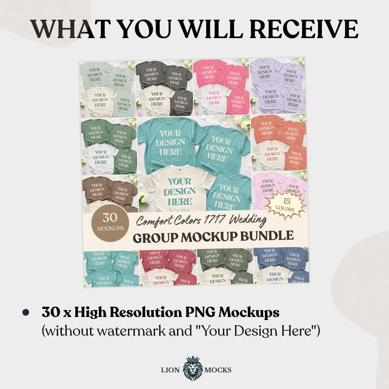 Puede incluir: Una colecci&oacute;n digital de 30 maquetas de camisetas Comfort Colors 1717 en 15 colores, dispuestas en una cuadr&iacute;cula. Cada camiseta muestra el texto 'YOUR DESIGN HERE'. La imagen incluye el texto 'WHAT YOU WILL RECEIVE', '30 MOCKUPS' y 'GROUP MOCKUP BUNDLE'.