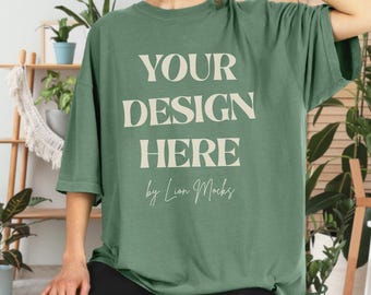 Light Green Comfort Colors 1717 Oversized Shirt Mockup, CC1717 Lifestyle Setting Real Female Model Mockup