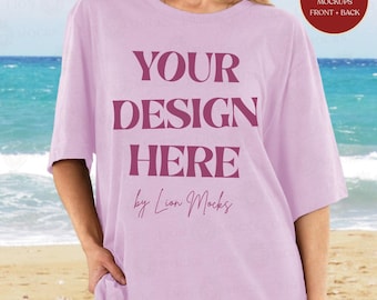 Bella Canvas 3001 lila mockup, strandomgeving BC3001 oversized shirt echte damesmodel (digitale download)
