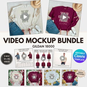 Pode incluir: Um pacote digital de mockups de moletons Gildan 18000 em várias cores, incluindo creme e bordô, com o texto YOUR DESIGN HERE. Inclui guias de tamanhos em vídeo, vídeos de demonstração e um modelo Canva editável para seus designs.