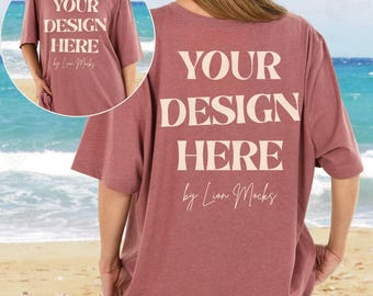 Bella Canvas 3001 Front and Back Beach Mockup, BC3001 Heather Mauve Oversized Shirt Real Women Mockup (Digital Download)