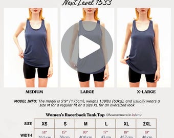 Next Level 1533 Women's Tank Video Mockup, NL1533 Racerback Tank Top Size Guide & Chart Inches Cm