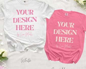 Comfort Colors 1717 Matching Shirts Flatlay Mockup, CC1717 White and Crunchberry Couple Shirt Mockup