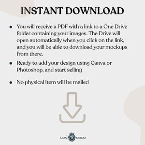 Puede incluir: Un gr&aacute;fico informativo digital titulado INSTANT DOWNLOAD. Explica que se proporciona un PDF con un enlace de One Drive para descargar maquetas, compatibles con Canva o Photoshop. Indica que no se enviar&aacute; ning&uacute;n art&iacute;culo f&iacute;sico por correo.