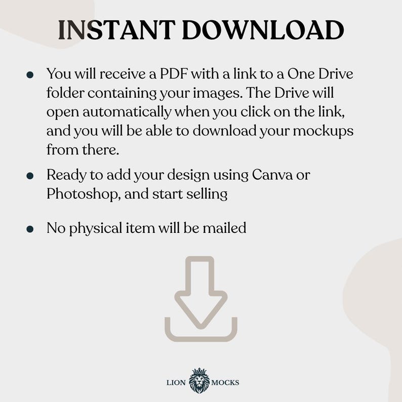 Puede incluir: Un gr&aacute;fico informativo digital titulado INSTANT DOWNLOAD. Explica que se proporciona un PDF con un enlace de One Drive para descargar maquetas, compatibles con Canva o Photoshop. Indica que no se enviar&aacute; ning&uacute;n art&iacute;culo f&iacute;sico por correo.
