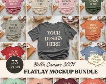 Bella Canvas 3001 T-shirt Mockup Bundle, BC3001 Flatlay Boho Mockup Pack for Print on Demand, Real Product Photography (Digital Download)