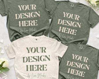 Group Mockup Comfort Colors 1717, CC1717 Flatlay Wedding Ivory Moss Shirt Mockup