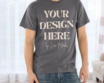 Charcoal Gildan 64000 Shirt Mockup, G64000 Lifestyle Setting Real Man Mockup (Digital Download)