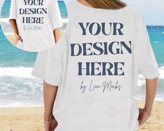 Bella Canvas 3001 Front and Back Beach Mockup, BC3001 White Oversized Shirt Real Women Mockup (Digital Download)