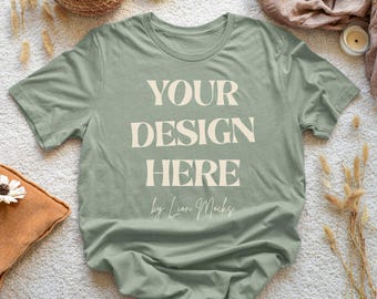 Bella Canvas 3001 Sage Shirt Flatlay Boho Mockup, BC3001 Real T-shirt Photo Mockup (Digital Download)
