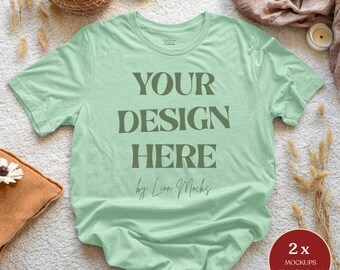 Bella Canvas 3001 Heather Mint Shirt Flatlay Boho Mockup, BC3001 Real T-shirt Photo Mockup (Digital Download)