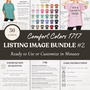 May include: An image showcasing a listing image bundle with the text "Comfort Colors 1717 LISTING IMAGE BUNDLE #2". It includes color charts, size charts, and care instructions. The image also features a t-shirt with the text "YOUR DESIGN HERE".