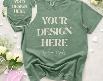 Comfort Colors 1717 Front and Back Flatlay Wedding Mockup, CC1717 Light Green Flat Lay Bride Anniversary Wedding Mockup