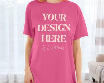 Gildan 64000 Heliconia Shirt Mockup, G64000 Home Lifestyle Setting Woman Mockup (Digital Download)