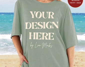 Bella Canvas 3001 salie mockup, strandomgeving BC3001 oversized shirt echte vrouwen mockup (digitale download)
