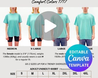 Editable Comfort Colors 1717 Men and Women Video Mockup, CC1717 Video Size Chart Customizable Canva Template (Digital Download)