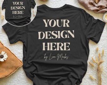 Bella Canvas 3001 Black Front and Back Mockup, BC3001 Boho Style Flatlay, Real Shirt Photo Mockup (Digital Download)