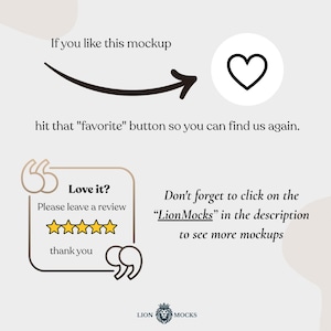 Puede incluir: Un gr&aacute;fico digital con texto negro que dice: If you like this mockup hit that favorite button so you can find us again. Debajo, un recuadro con comillas, cinco estrellas amarillas y el texto: Love it? Please leave a review thank you.