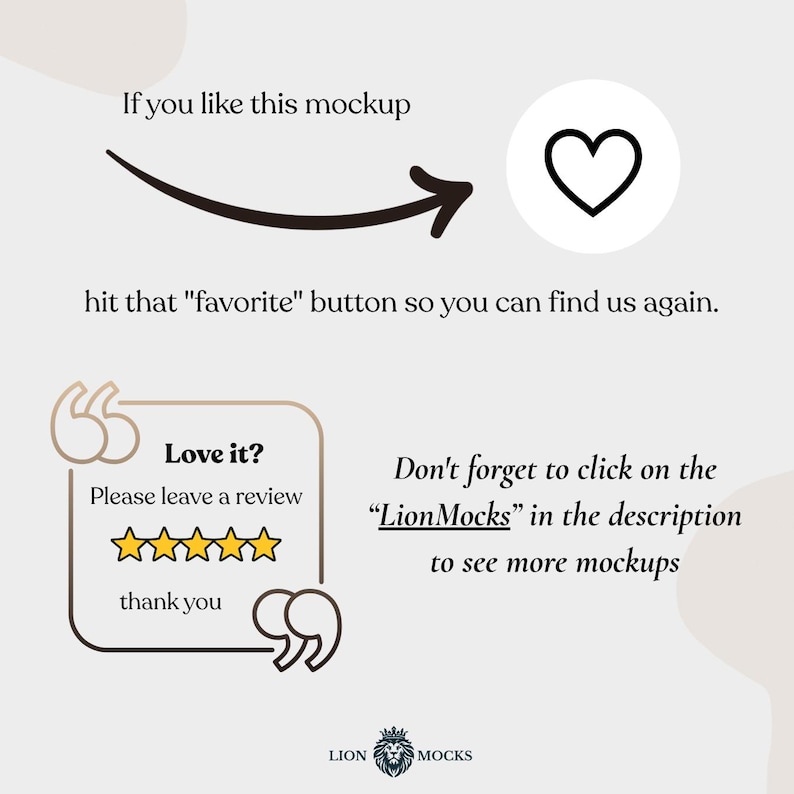 Puede incluir: Un gr&aacute;fico digital con texto negro que dice: If you like this mockup hit that favorite button so you can find us again. Debajo, un recuadro con comillas, cinco estrellas amarillas y el texto: Love it? Please leave a review thank you.