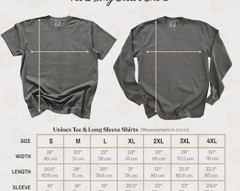 Puede incluir: Una tabla de tallas para camisetas unisex de manga corta y larga con dos camisetas grises y flechas de medición. La tabla enumera las tallas de la S a la 4XL con anchos de 46 a 76 cm, largos de 67,6 a 85 cm y medidas de manga en centímetros.