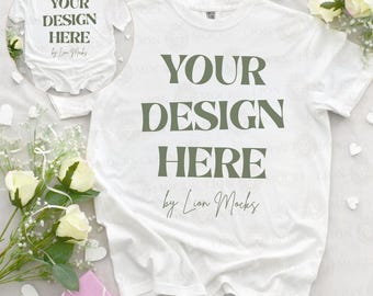 Front and Back Comfort Colors 1717 Flatlay Wedding Mockup, CC1717 White Flat Lay Bride Anniversary Wedding Mockup