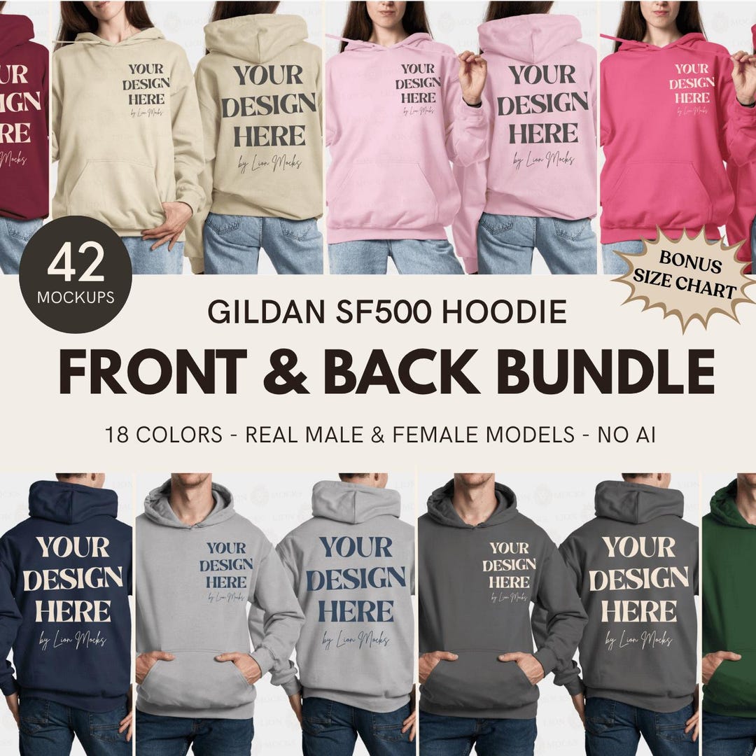 Gildan SF500 Front Back Mockup Bundle, SF500 Hoodie Men and Women ...