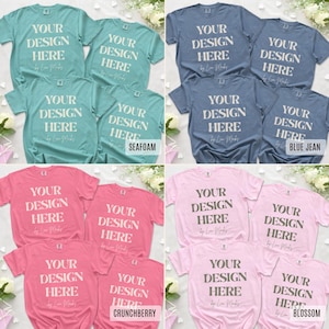 Puede incluir: Una colecci&oacute;n de diecis&eacute;is camisetas de manga corta y cuello redondo organizadas en cuatro grupos de colores: seafoam, blue jean, crunchberry y blossom. Cada camiseta presenta el texto blanco YOUR DESIGN HERE y el texto by Live Mockups.