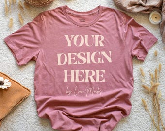 Bella Canvas 3001 Heather Mauve Shirt Flatlay Boho Mockup, BC3001 Real T-shirt Photo Mockup (Digital Download)