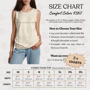 以下が含まれることがあります： クリーム色のノースリーブタンクトップとブルージーンズの組み合わせ。Comfort Colors 9360のサイズチャートが添えられています。チャートには胸囲と着丈の測定方法が記載されており、XSから3XLまでのサイズがセンチメートル単位で示されています。