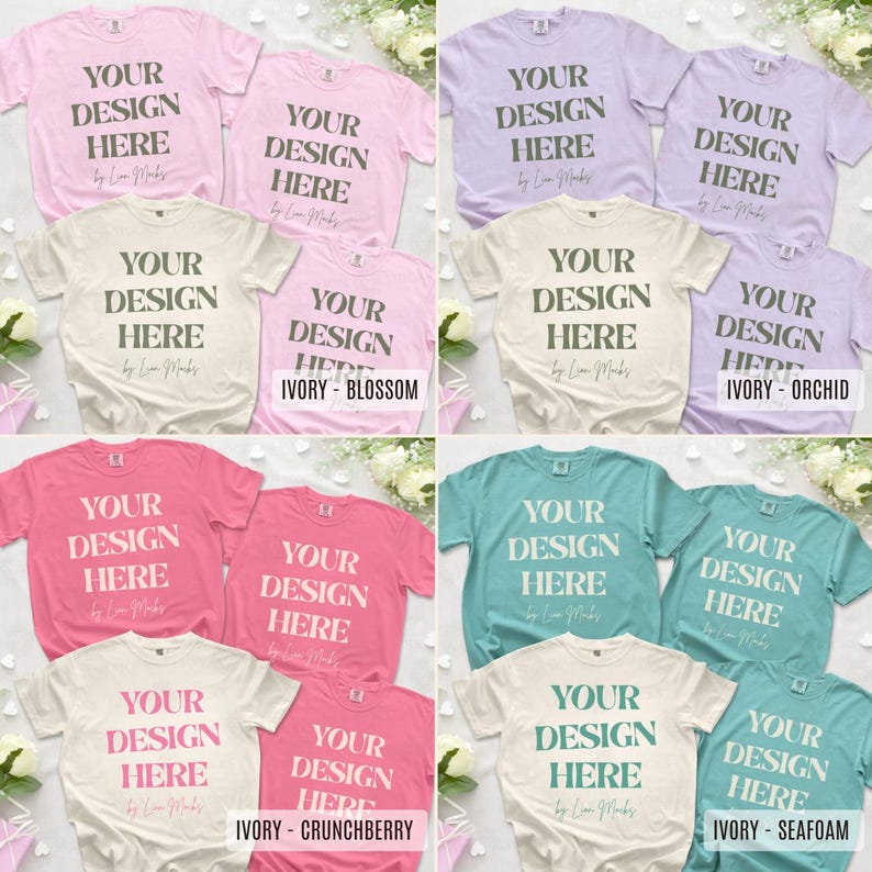 Puede incluir: Una colecci&oacute;n de camisetas de manga corta en varios colores, incluyendo rosa, lavanda, marfil y verde azulado. Cada camiseta presenta el texto 'YOUR DESIGN HERE' en una fuente oscura y negrita, con el texto 'by Lion Marks' debajo.