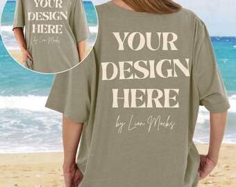 Bella Canvas 3001 Front and Back Beach Mockup, BC3001 Heather Stone Oversized Shirt Real Women Mockup (Digital Download)