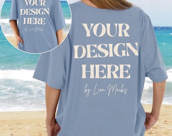 Bella Canvas 3001 Front and Back Beach Mockup, BC3001 Steel Blue Oversized Shirt Real Women Mockup (Digital Download)