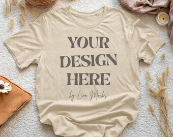 Bella Canvas 3001 Soft Cream Shirt Flatlay Boho Mockup, BC3001 Real T-shirt Photo Mockup (Digital Download)
