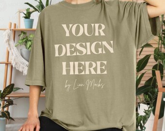 Comfort Colors 1717 Oversized Shirt Mockup, Khaki CC1717 Real Woman Mockup, Lifestyle Setting (Digital Download)