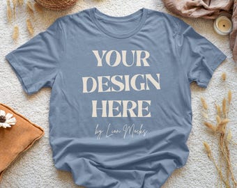 Bella Canvas 3001 Steel Blue Shirt Flatlay Boho Mockup, BC3001 Real T-shirt Photo Mockup (Digital Download)