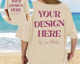 Bella Canvas 3001 Front and Back Beach Mockup, BC3001 Soft Cream Oversized Shirt Real Women Mockup (Digital Download)