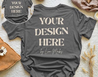 Bella Canvas 3001 Asphalt Front and Back Mockup, BC3001 Boho Style Flatlay, Real Shirt Photo Mockup (Digital Download)