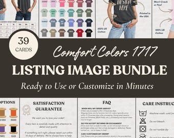 Puede incluir: Un paquete de imágenes para listados de camisetas Comfort Colors 1717, con 39 tarjetas que incluyen tabla de tallas, paleta de colores, preguntas frecuentes, instrucciones de cuidado y garantía de satisfacción. Muestra camisetas y texto.