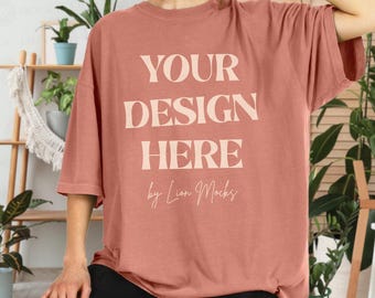 Terracotta Comfort Colors 1717 Oversized Shirt Mockup, CC1717 Lifestyle Setting Real Female Model Mockup (Digital Download)
