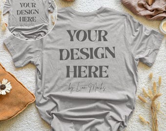 Bella Canvas 3001 Athletic Heather Front and Back Mockup, BC3001 Boho Style Flatlay, Real Shirt Photo Mockup (Digital Download)