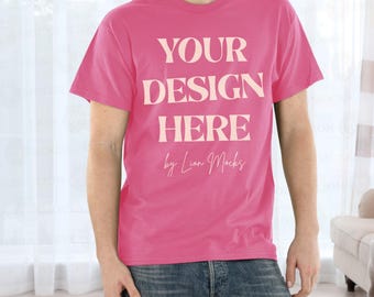 Heliconia Gildan 64000 Shirt Mockup, G64000 Lifestyle Setting Real Man Mockup (Digital Download)