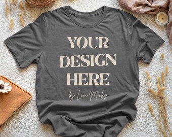 Bella Canvas 3001 Asphalt Shirt Flatlay Boho Mockup, BC3001 Real T-shirt Photo Mockup (Digital Download)